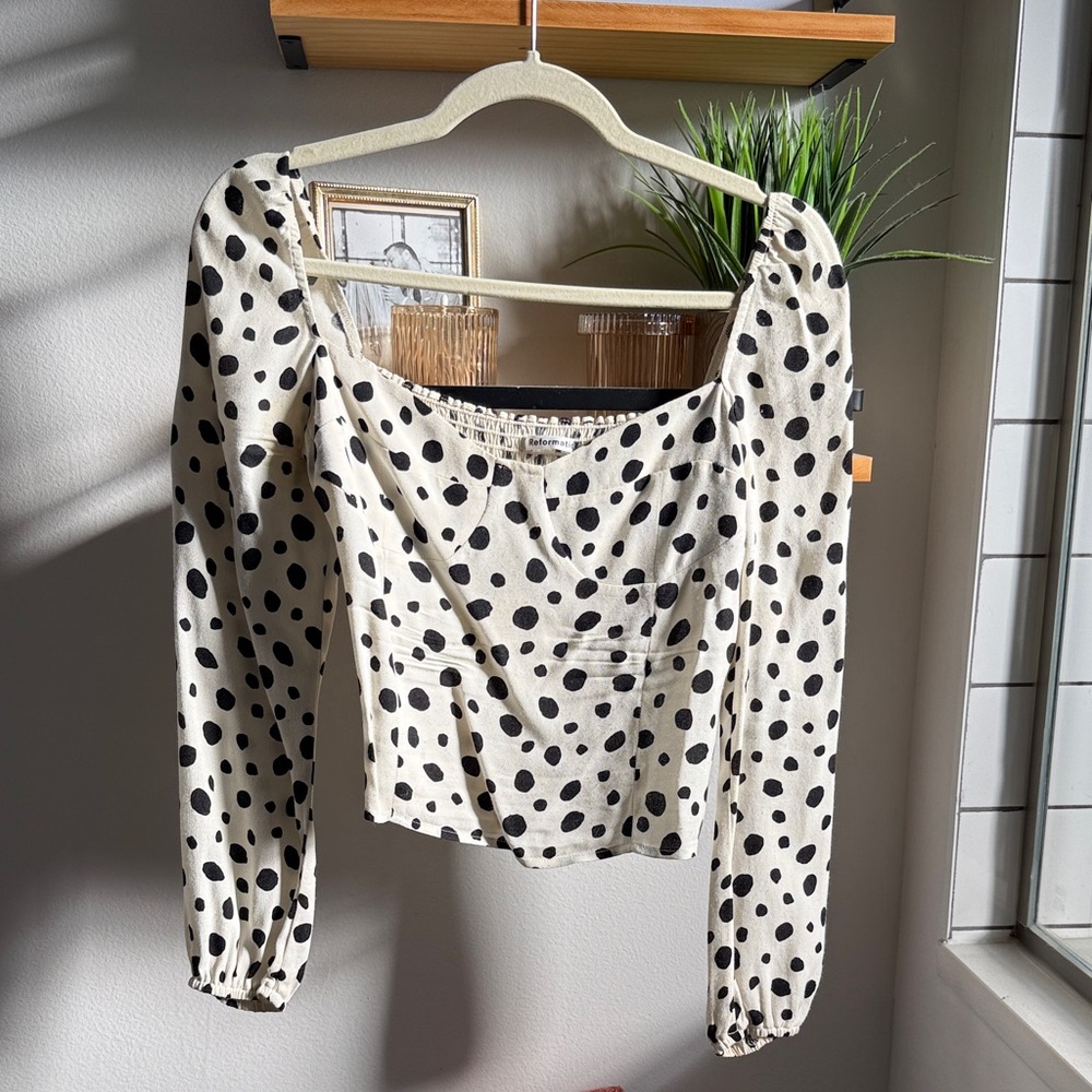 Reformation Cream and Black Polka Dot Blouse